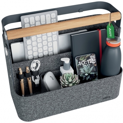 Cutie portabila cu organizator Leitz, material textil rezistent termic, cu maner si suport prindere pe birou, gri